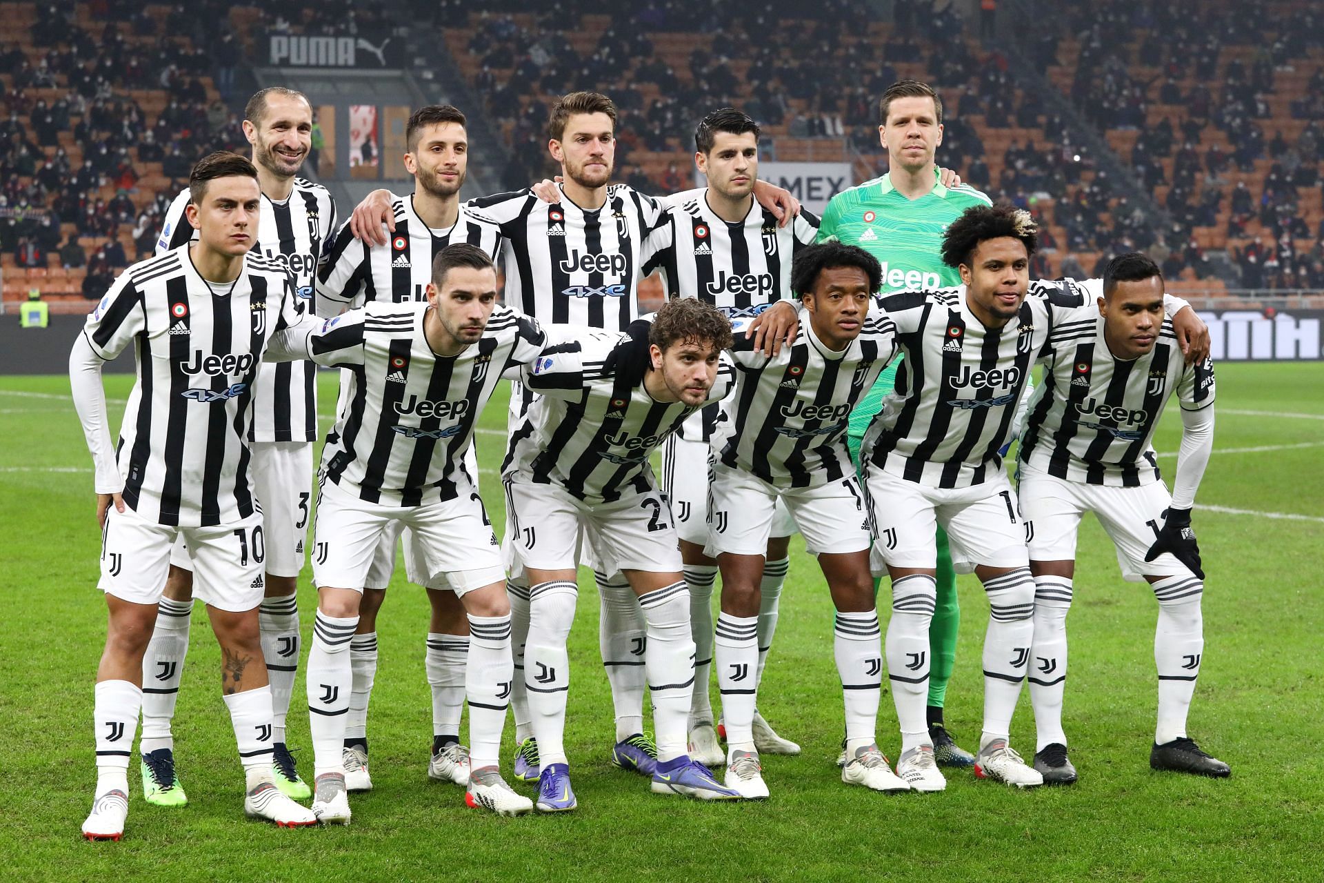 Juventus players pose for a team photo ahead of their game against AC Milan